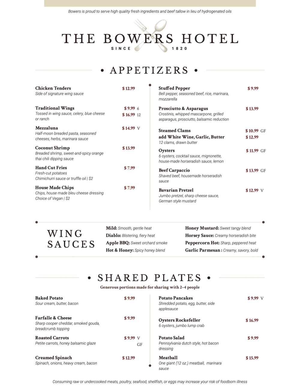 The Bowers Hotel menu, page 2