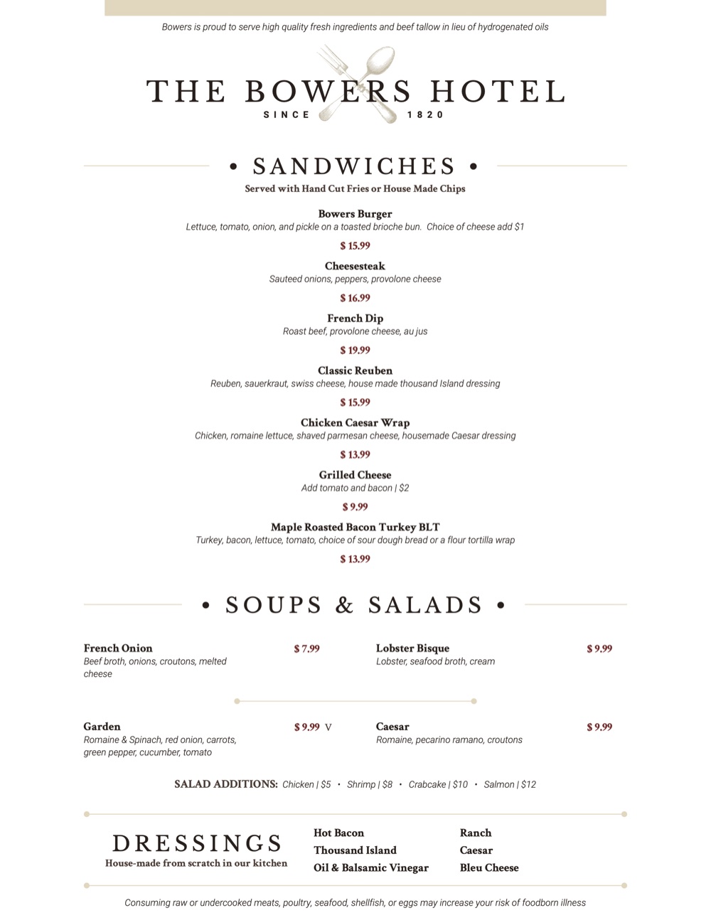 The Bowers Hotel menu, page 3