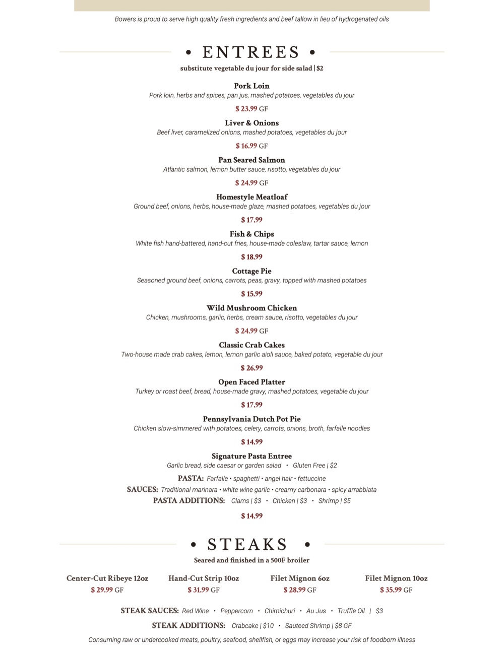 The Bowers Hotel menu, page 4